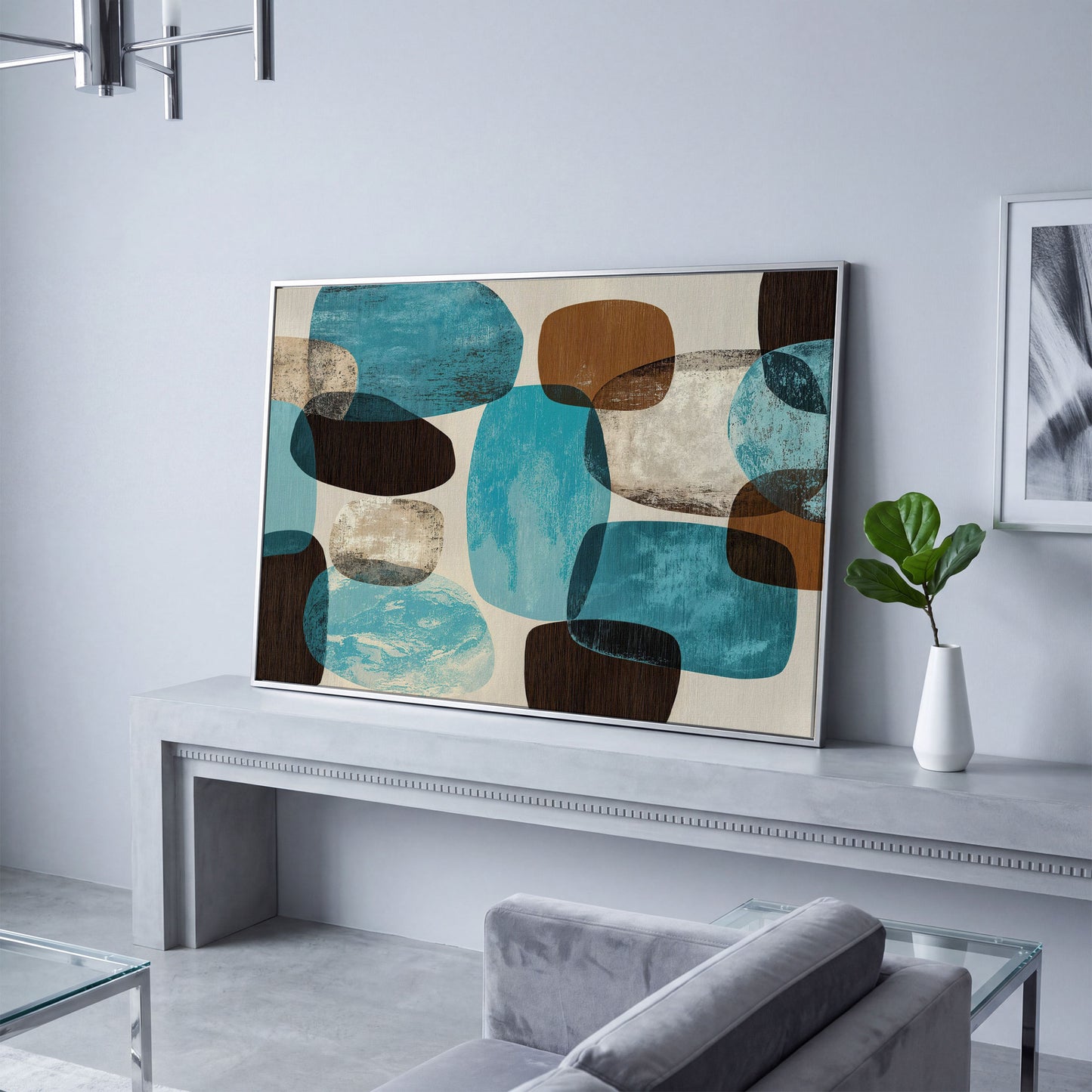 Organic Abstract Shapes Canvas Art, Earth Tones and Teal in silver floating frame