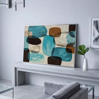 Organic Abstract Shapes Canvas Art, Earth Tones and Teal in silver floating frame