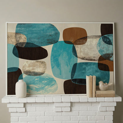 Organic Abstract Shapes Canvas Art, Earth Tones and Teal in white floating frame