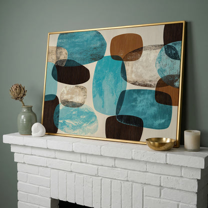 Organic Abstract Shapes Canvas Art, Earth Tones and Teal in yellow gold floating frame