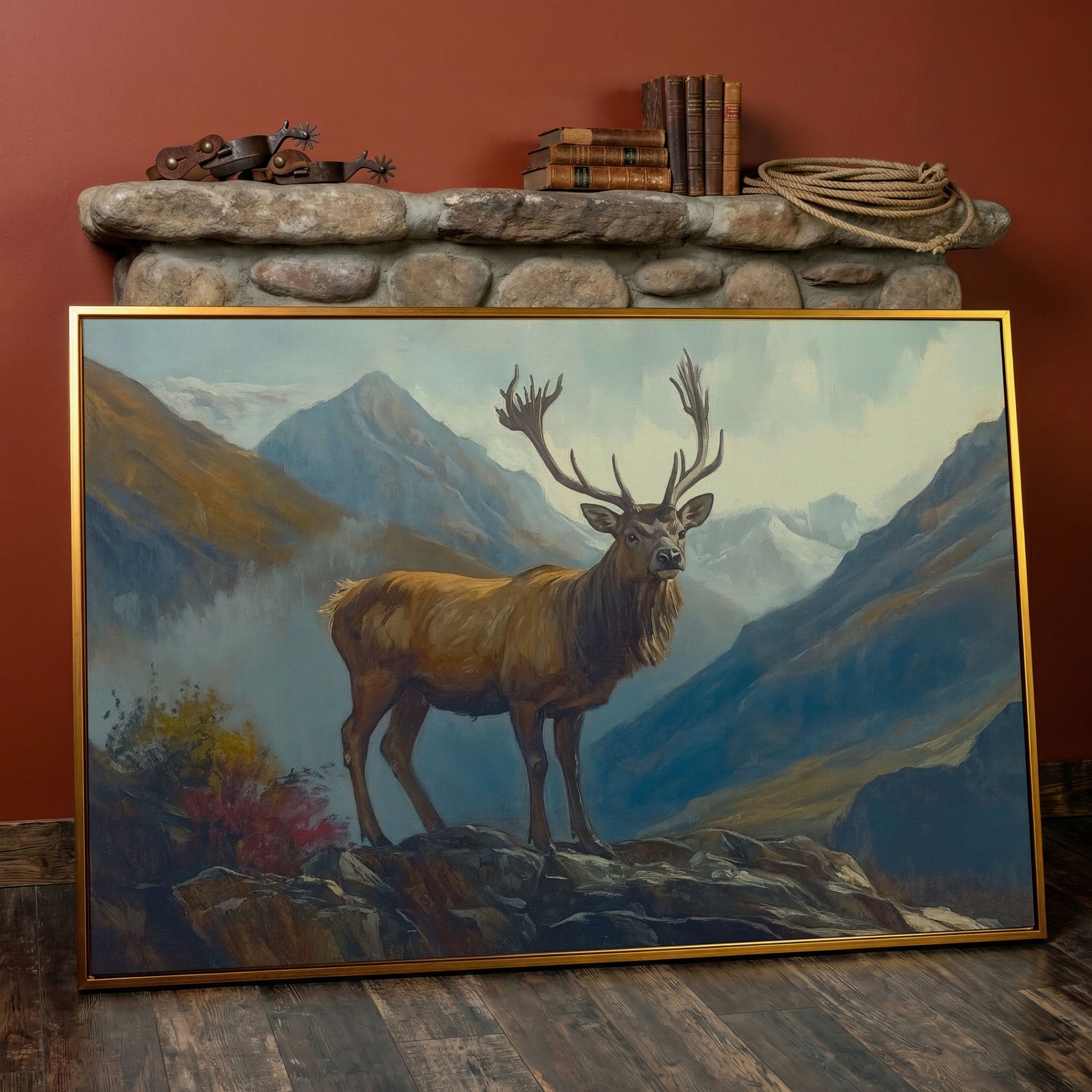 Stag on Rocky Mountain Terrain Canvas Wall Art in antique gold floating frame