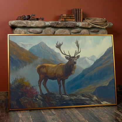 Stag on Rocky Mountain Terrain Canvas Wall Art in antique gold floating frame