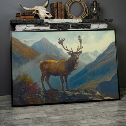Stag on Rocky Mountain Terrain Canvas Wall Art in black floating frame