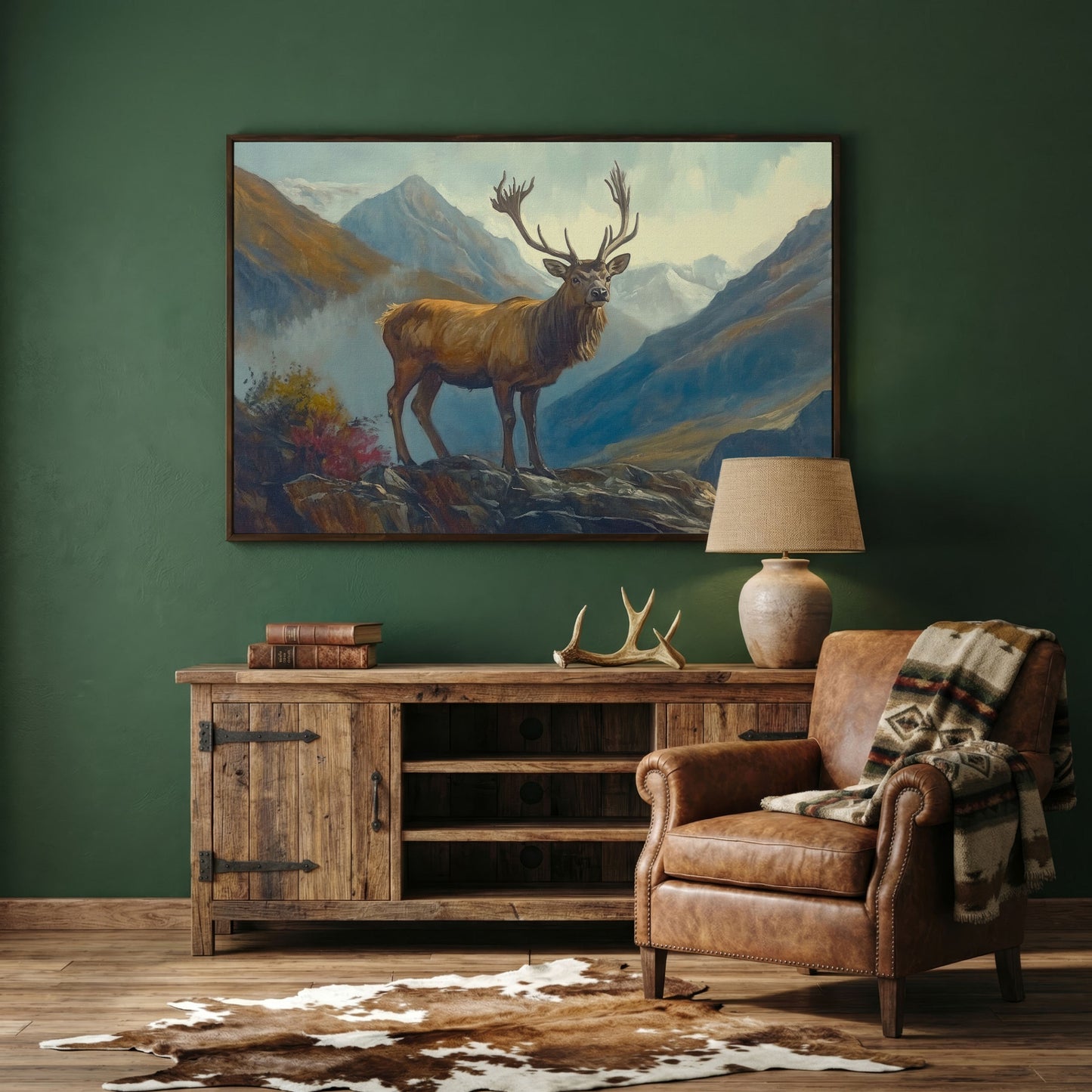 Stag on Rocky Mountain Terrain Canvas Wall Art in dark walnut floating frame