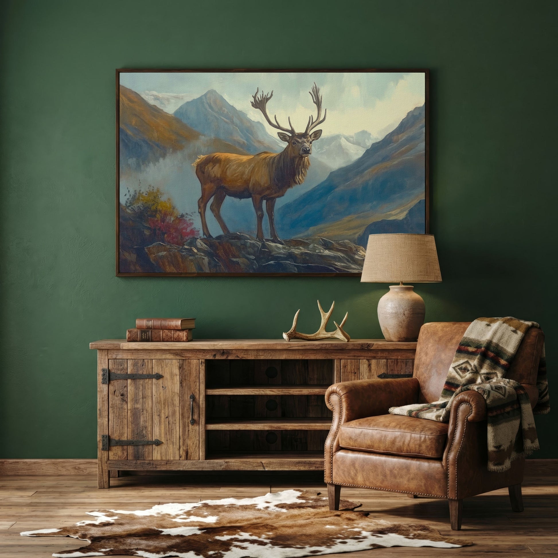 Stag on Rocky Mountain Terrain Canvas Wall Art in dark walnut floating frame