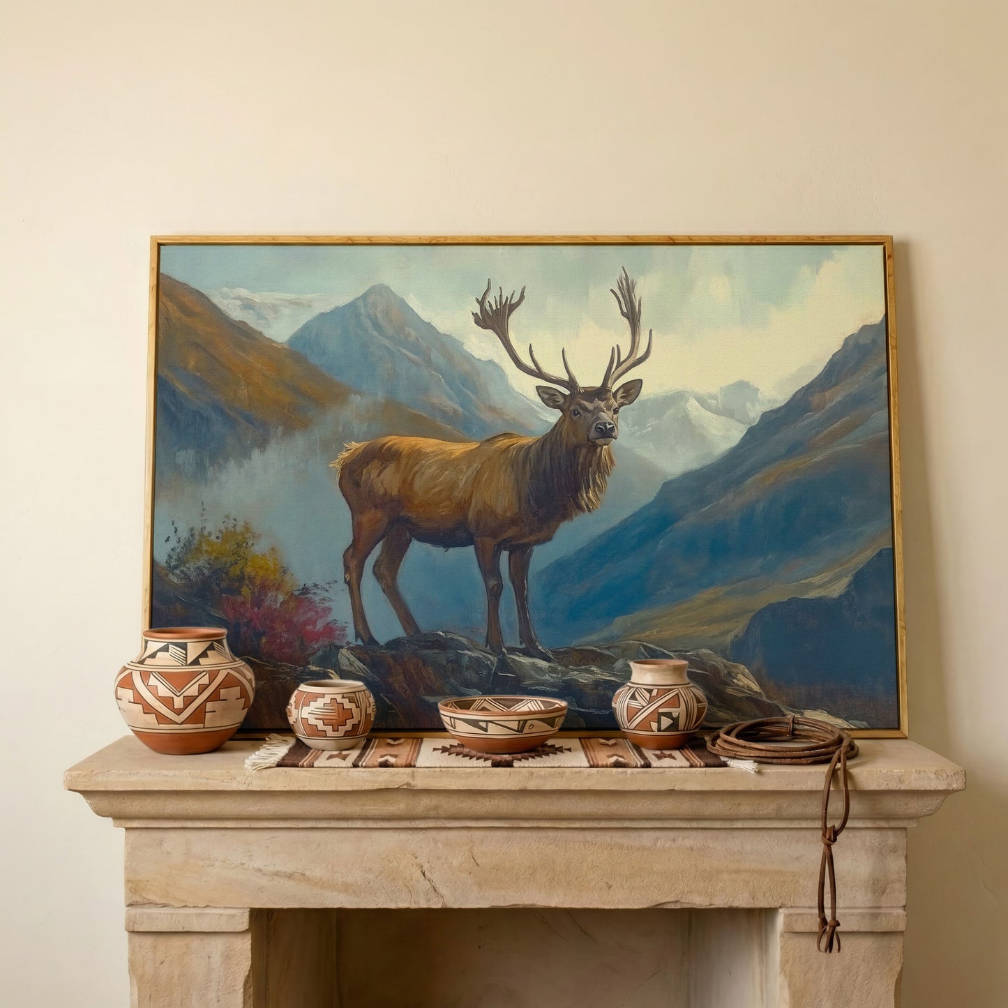 Stag on Rocky Mountain Terrain Canvas Wall Art in white oak floating frame