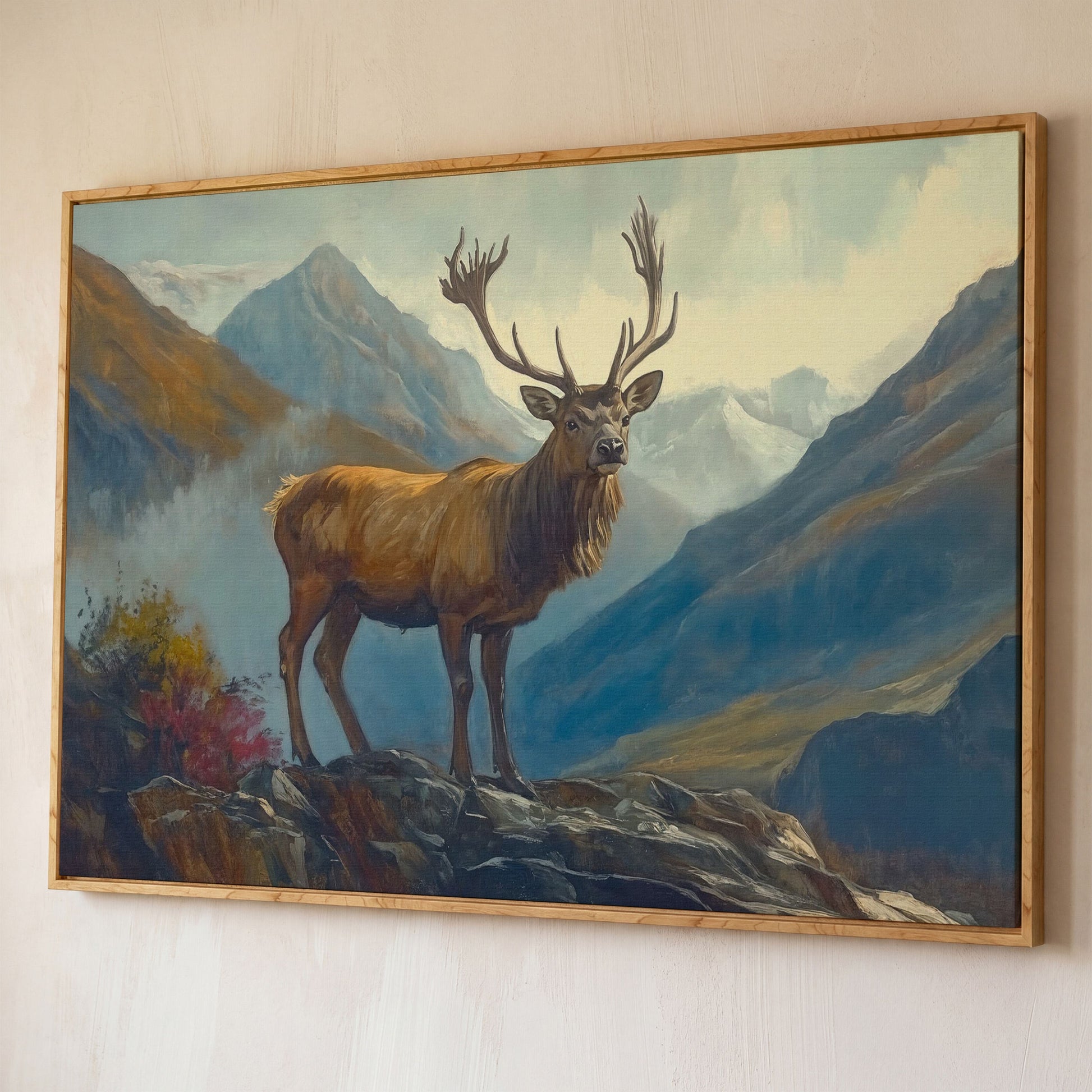 Stag on Rocky Mountain Terrain Canvas Wall Art shown in white oak floating frame