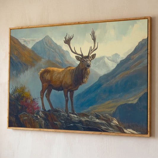 Stag on Rocky Mountain Terrain Canvas Wall Art shown in white oak floating frame