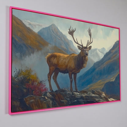 Stag on Rocky Mountain Terrain Canvas Wall Art in pink floating frame