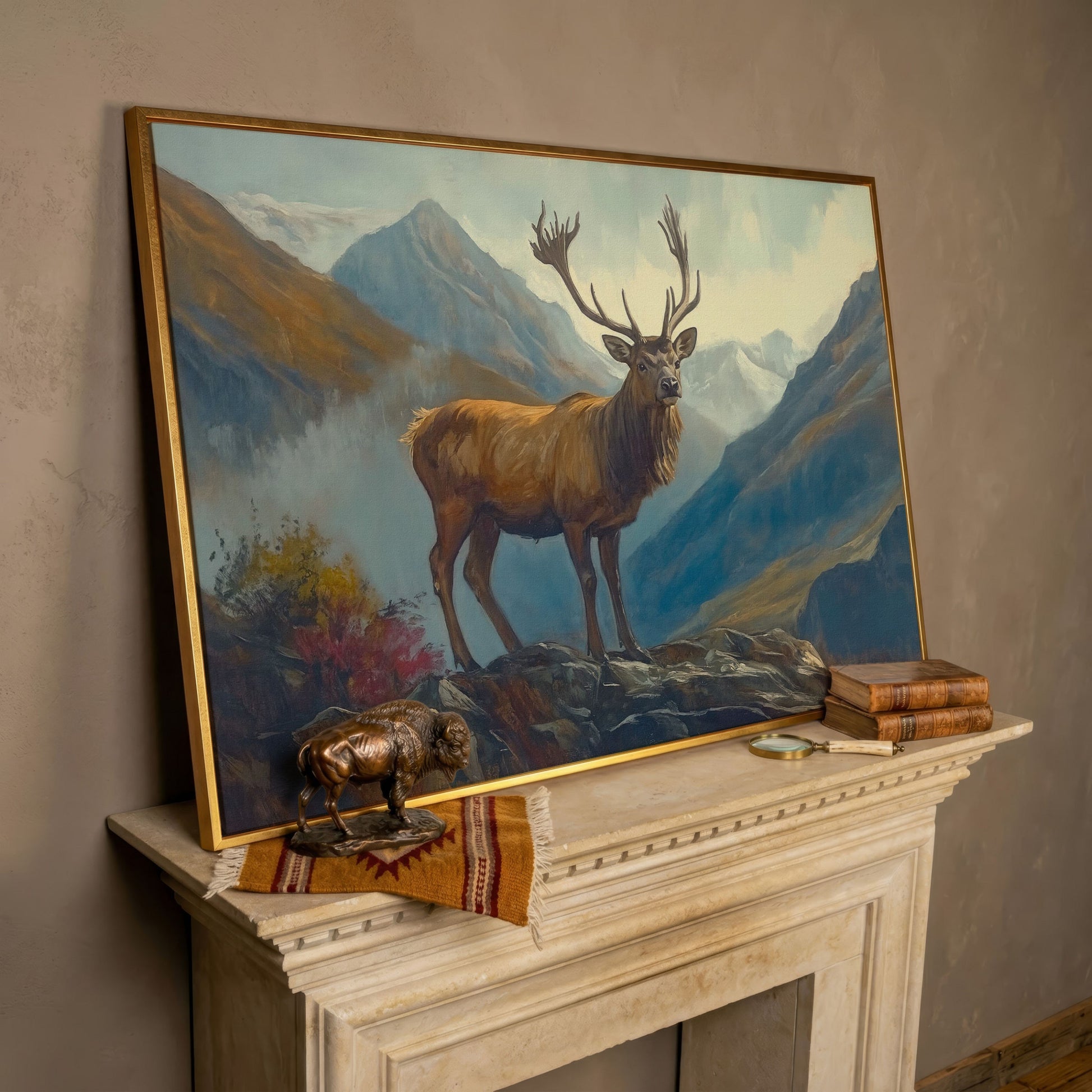 Stag on Rocky Mountain Terrain Canvas Wall Art in rose gold floating frame