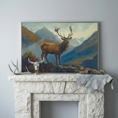 Stag on Rocky Mountain Terrain Canvas Wall Art in silver floating frame