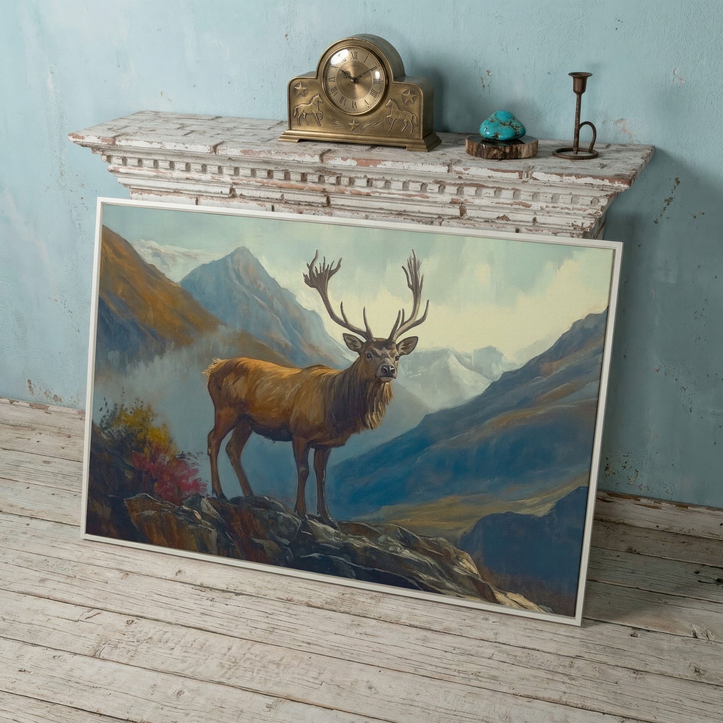 Stag on Rocky Mountain Terrain Canvas Wall Art in white floating frame