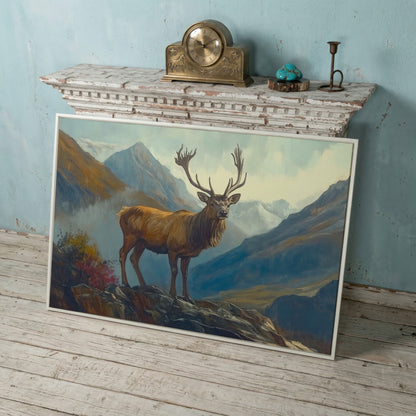 Stag on Rocky Mountain Terrain Canvas Wall Art in white floating frame