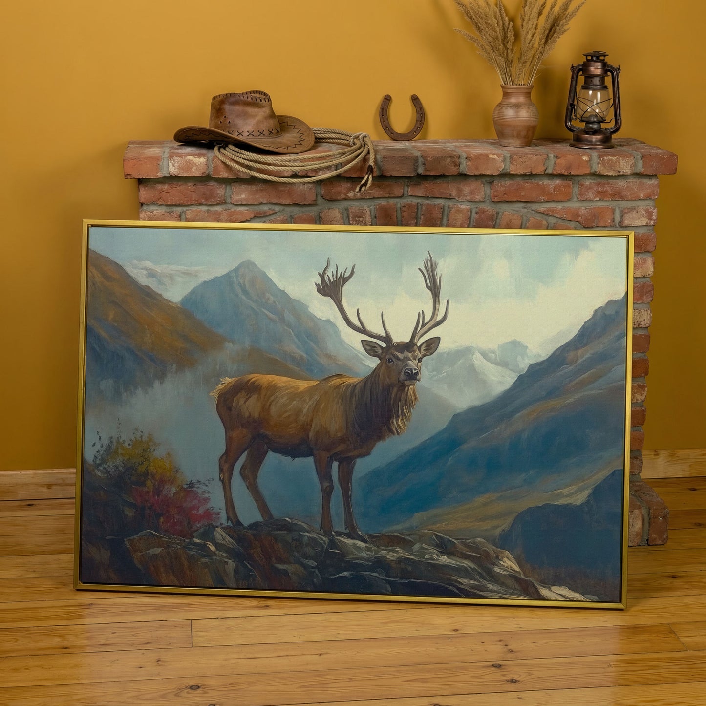 Stag on Rocky Mountain Terrain Canvas Wall Art in yellow gold floating frame