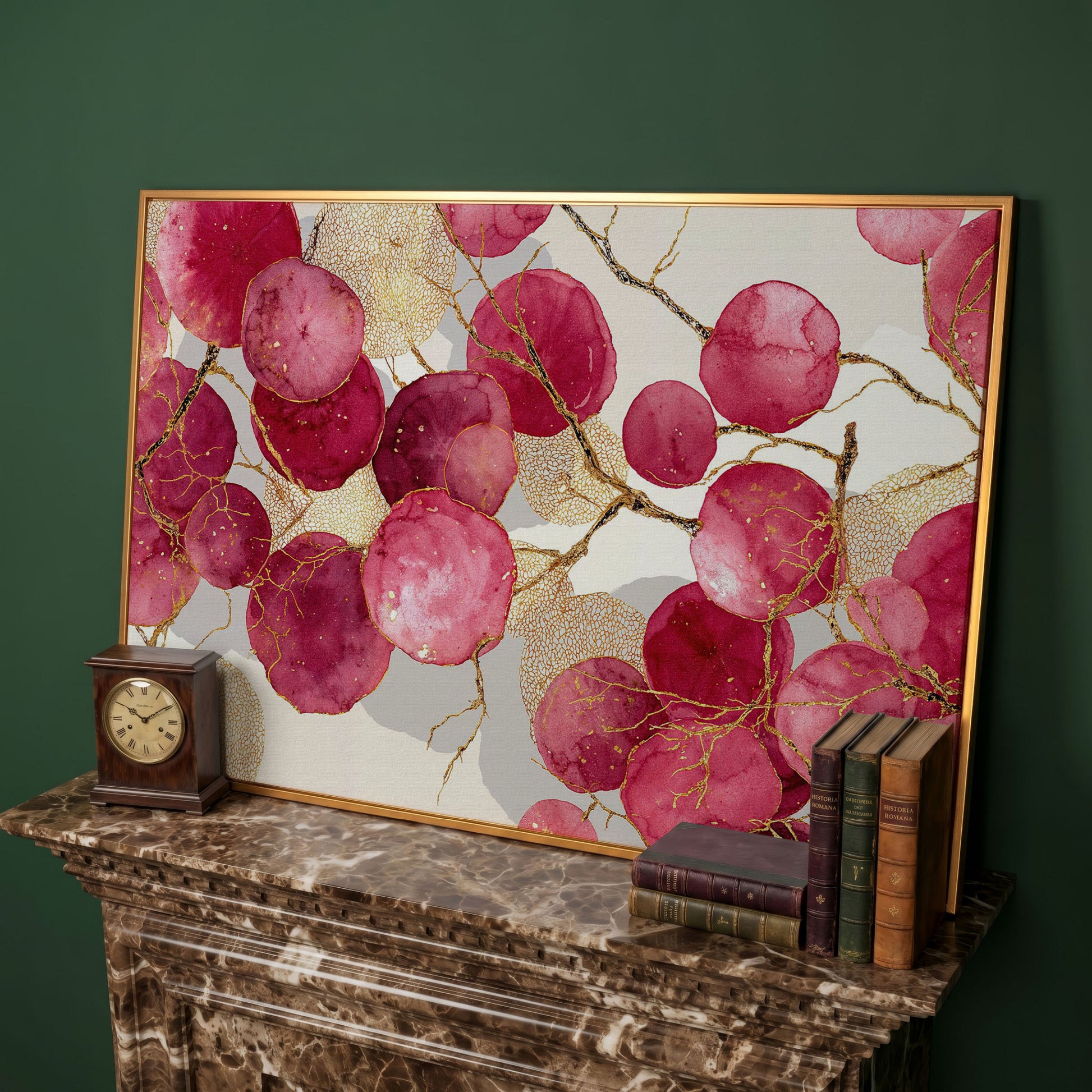 Abstract Botanical Canvas Art with Golden Lacy Shapes in antique gold floating frame