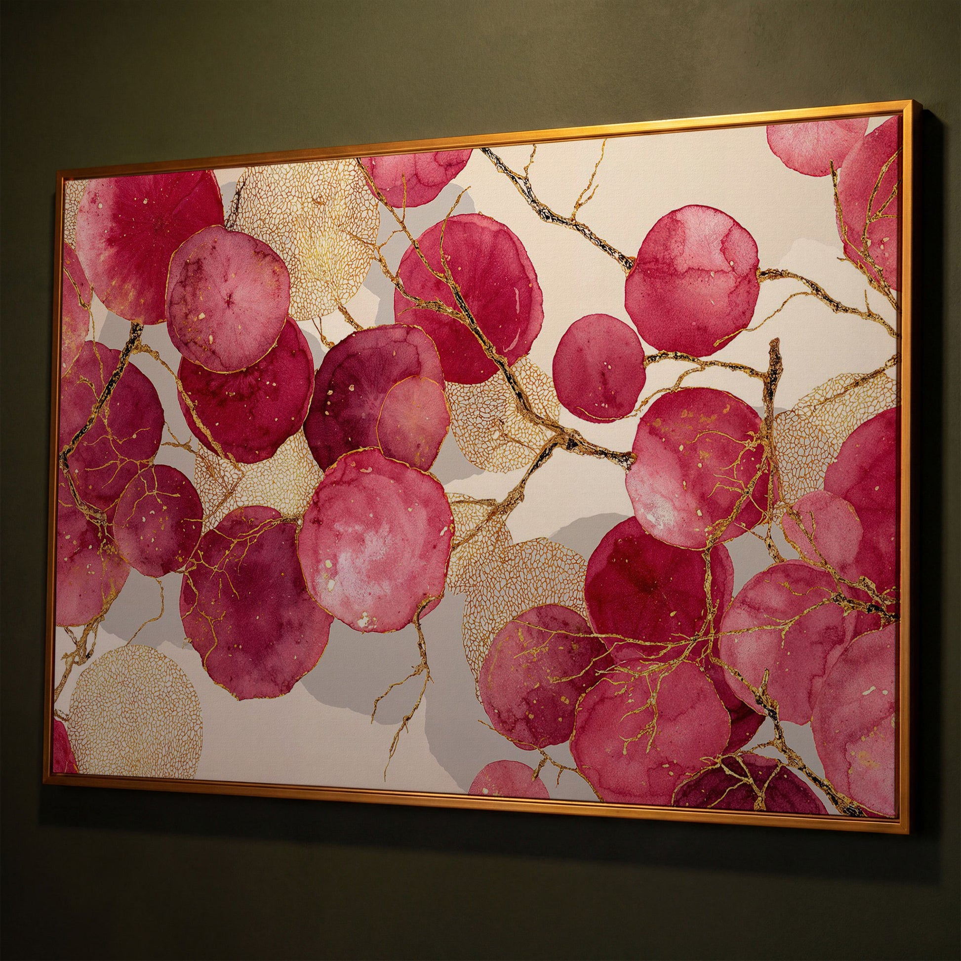Abstract Botanical Canvas Art with Golden Lacy Shapes shown in antique gold floating frame