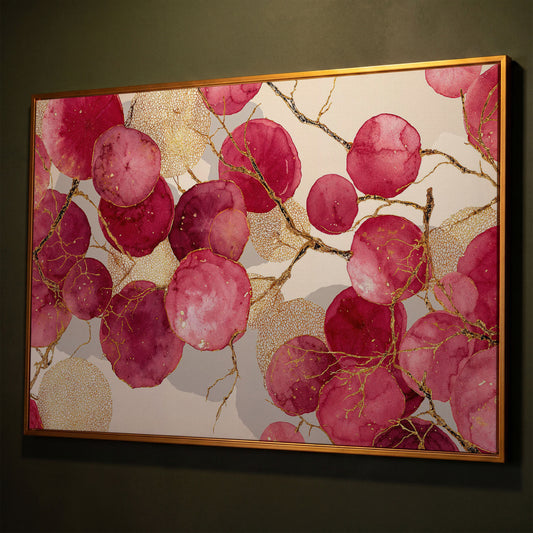 Abstract Botanical Canvas Art with Golden Lacy Shapes shown in antique gold floating frame