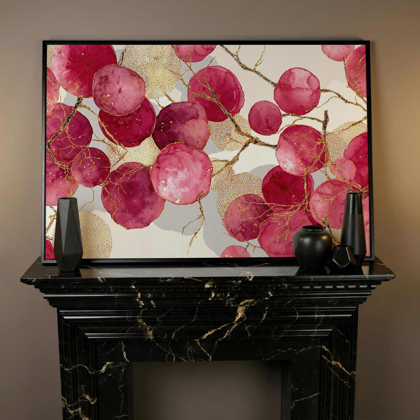 Abstract Botanical Canvas Art with Golden Lacy Shapes in black floating frame