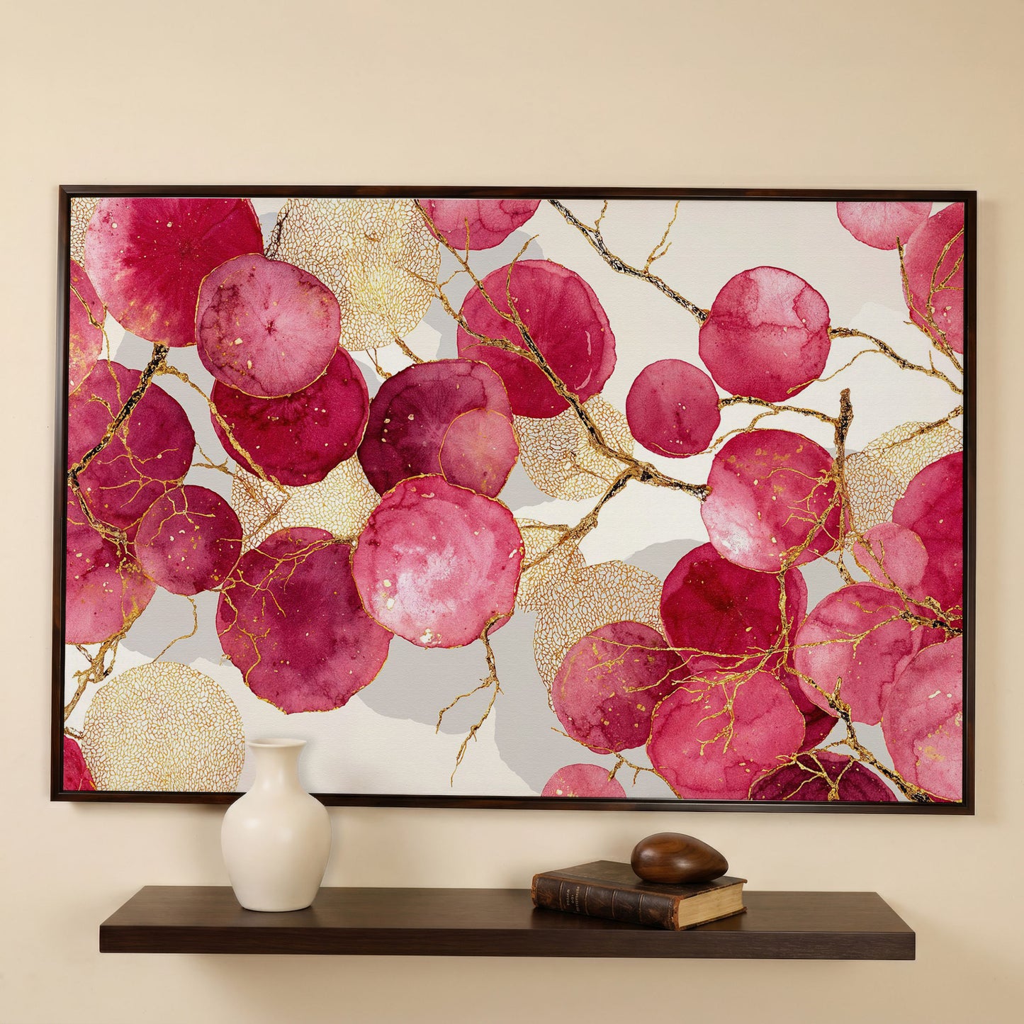 Abstract Botanical Canvas Art with Golden Lacy Shapes in dark walnut floating frame
