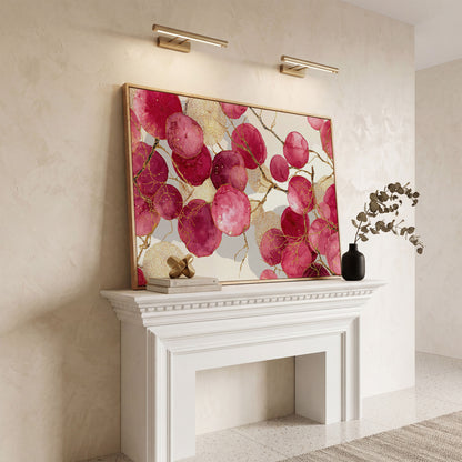 Abstract Botanical Canvas Art with Golden Lacy Shapes in white oak floating frame