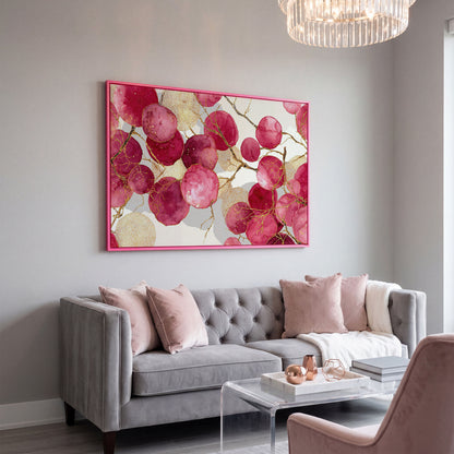 Abstract Botanical Canvas Art with Golden Lacy Shapes in pink floating frame