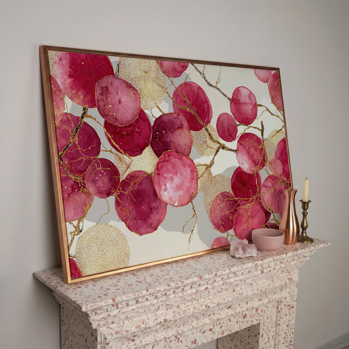 Abstract Botanical Canvas Art with Golden Lacy Shapes in rose gold floating frame