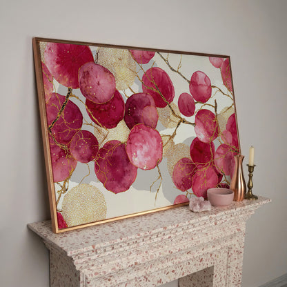 Abstract Botanical Canvas Art with Golden Lacy Shapes in rose gold floating frame