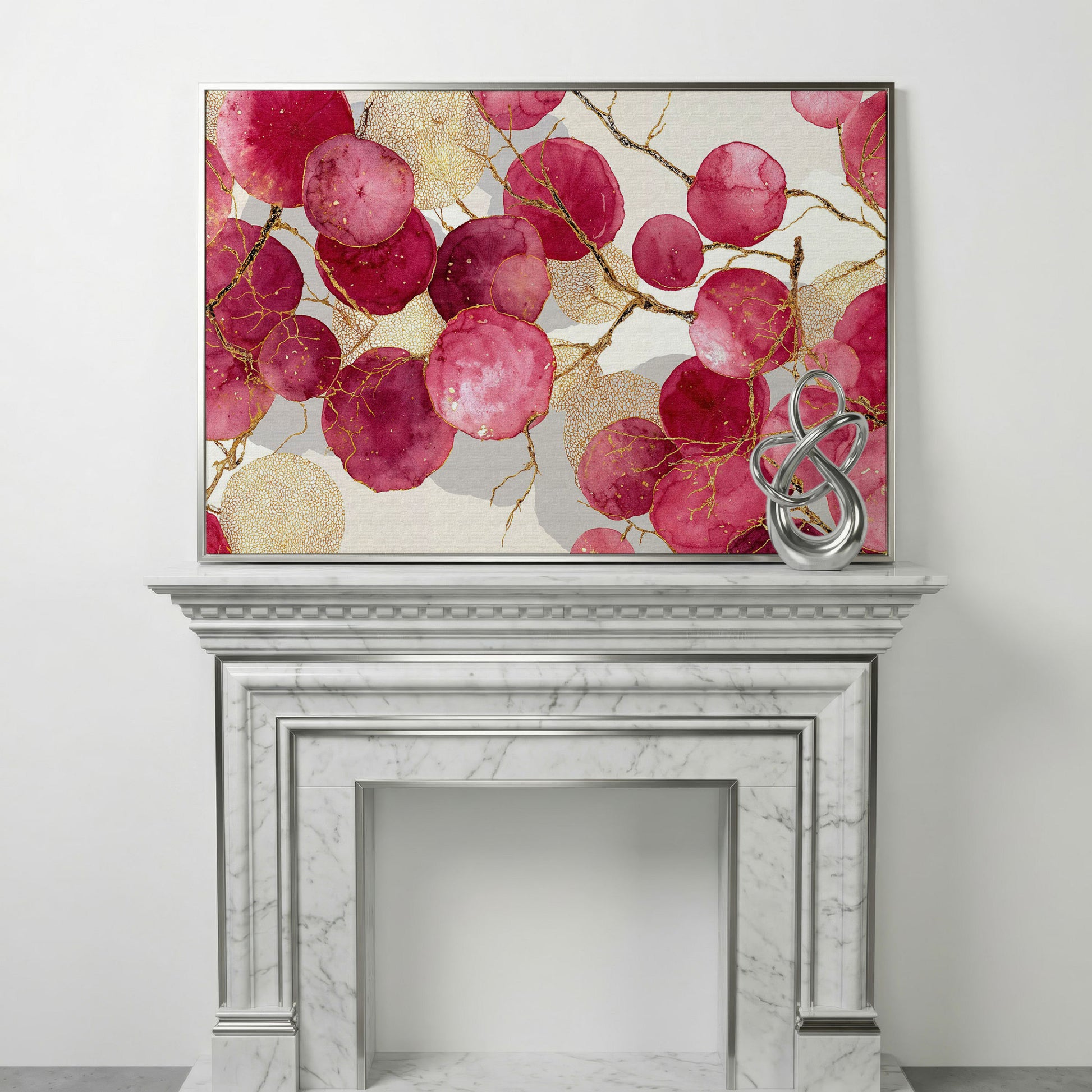 Abstract Botanical Canvas Art with Golden Lacy Shapes in silver floating frame