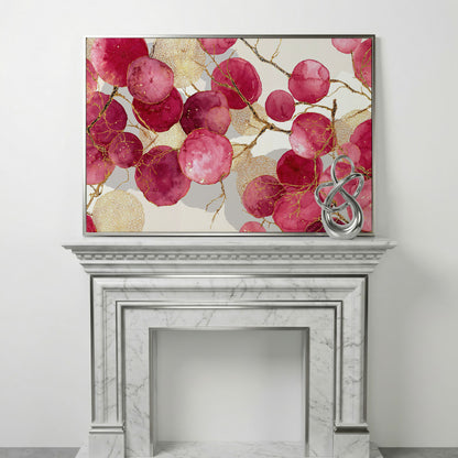 Abstract Botanical Canvas Art with Golden Lacy Shapes in silver floating frame