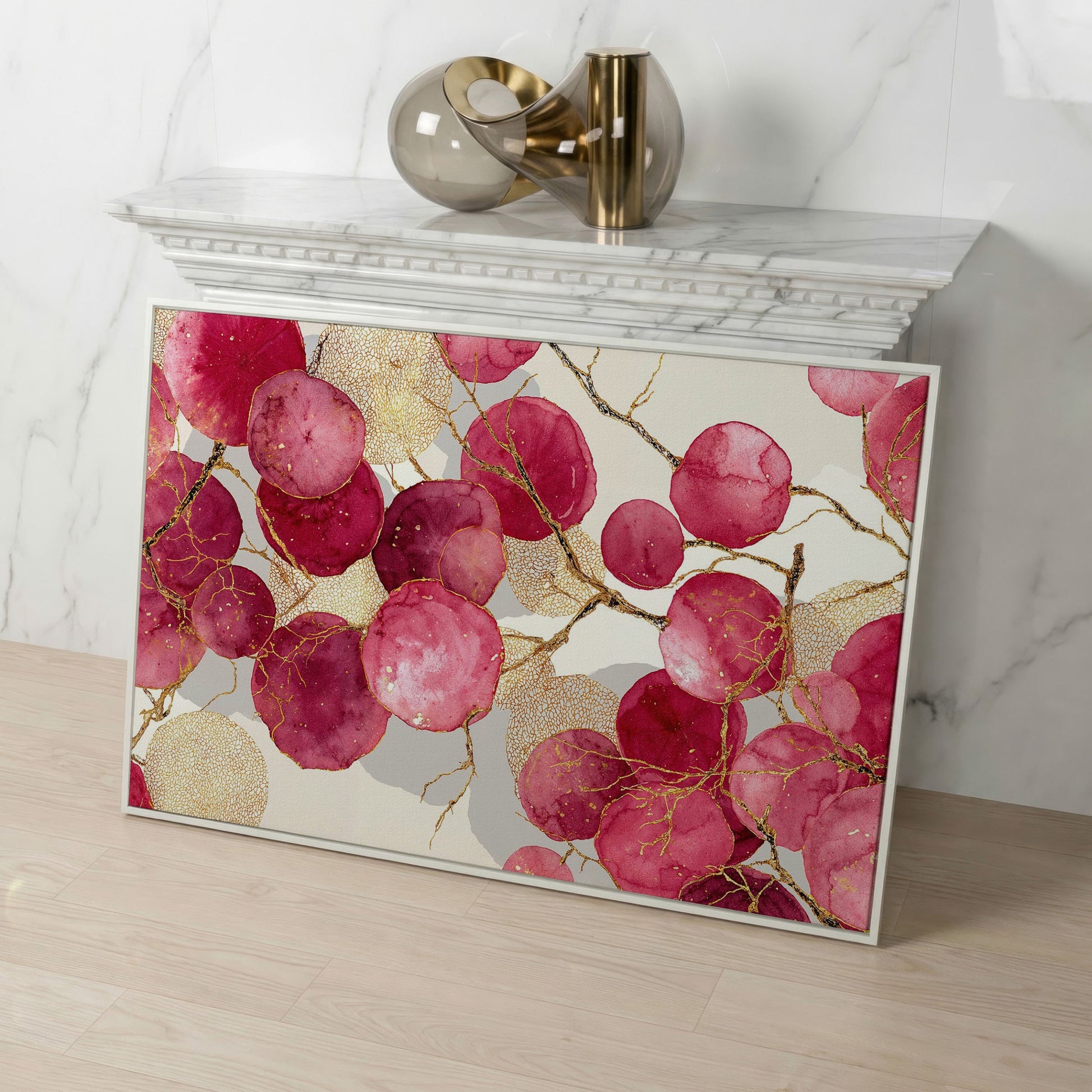 Abstract Botanical Canvas Art with Golden Lacy Shapes in white floating frame