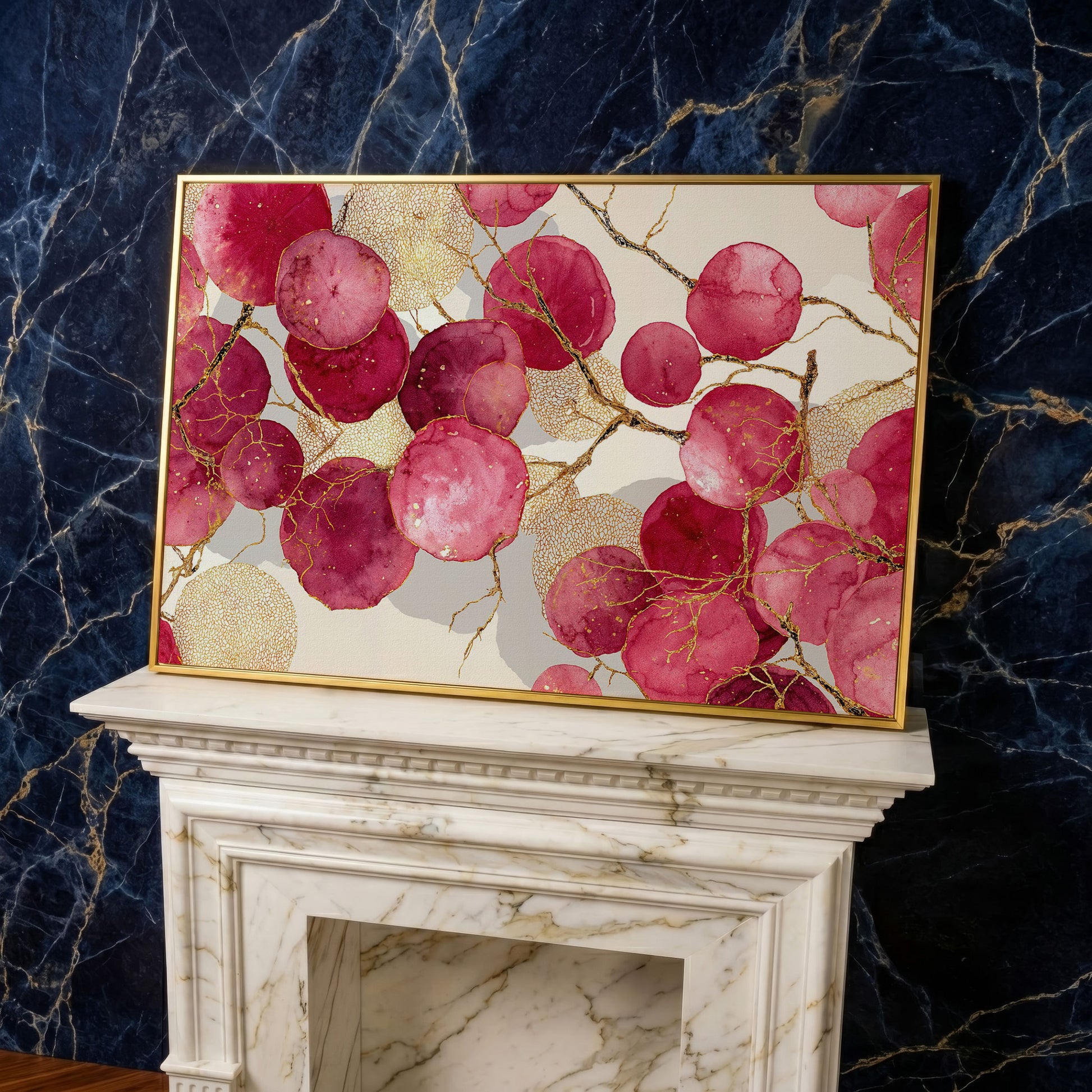 Abstract Botanical Canvas Art with Golden Lacy Shapes in yellow gold floating frame