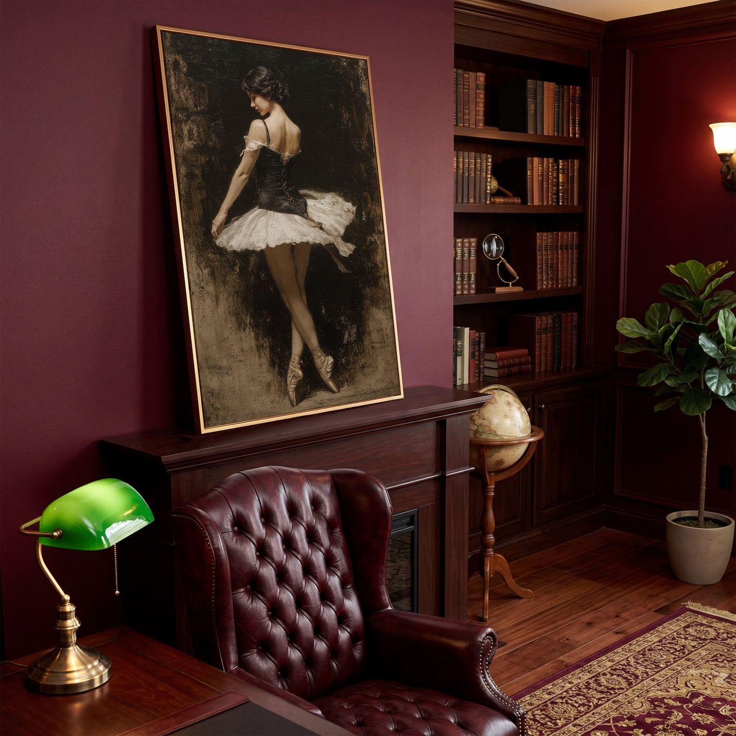 Ballerina in Black and White Tutu, Back View Canvas Art in antique gold floating frame