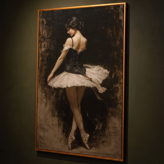 Ballerina in Black and White Tutu, Back View Canvas Art shown in antique gold floating frame