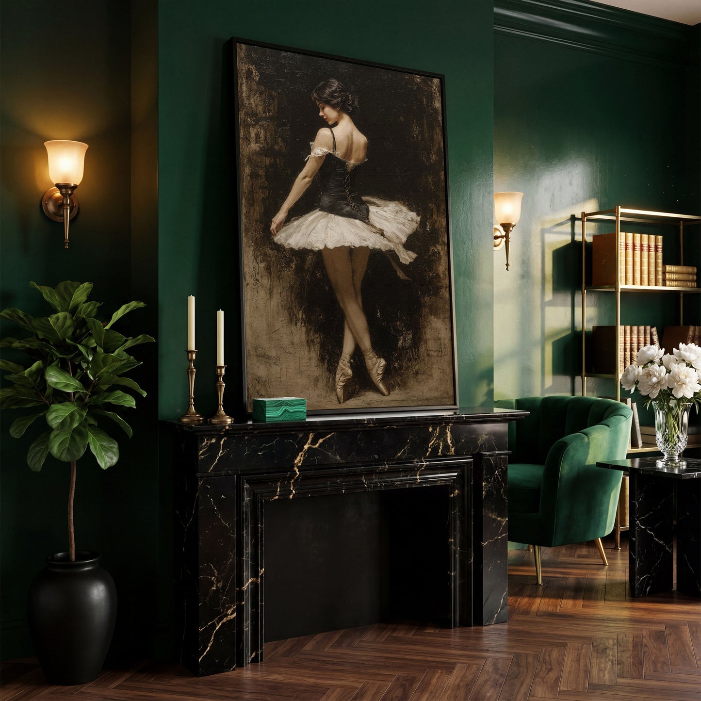 Ballerina in Black and White Tutu, Back View Canvas Art in black floating frame