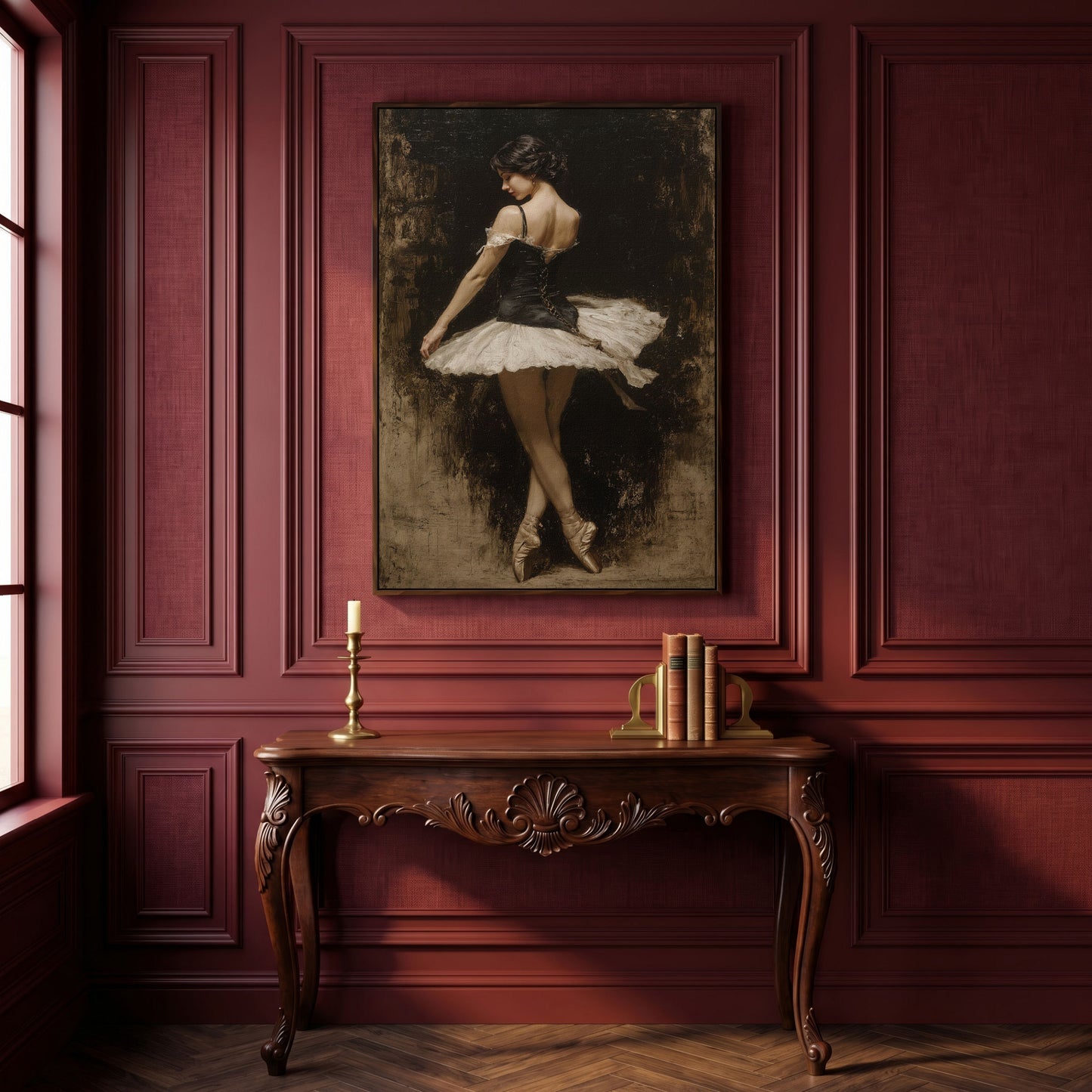 Ballerina in Black and White Tutu, Back View Canvas Art in dark walnut floating frame