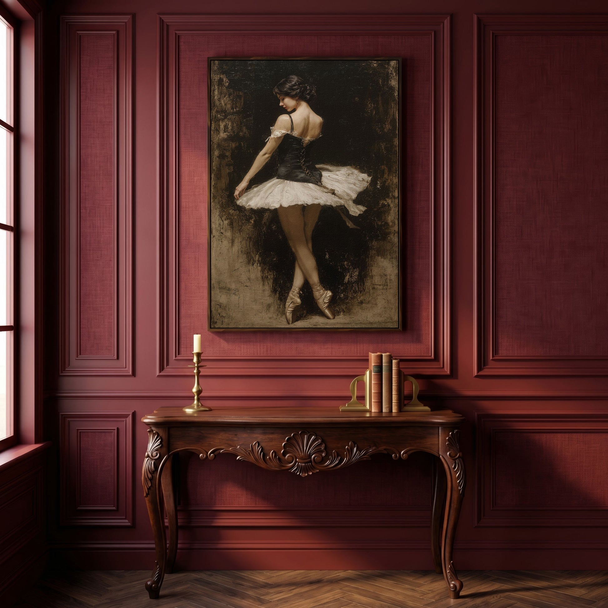 Ballerina in Black and White Tutu, Back View Canvas Art in dark walnut floating frame