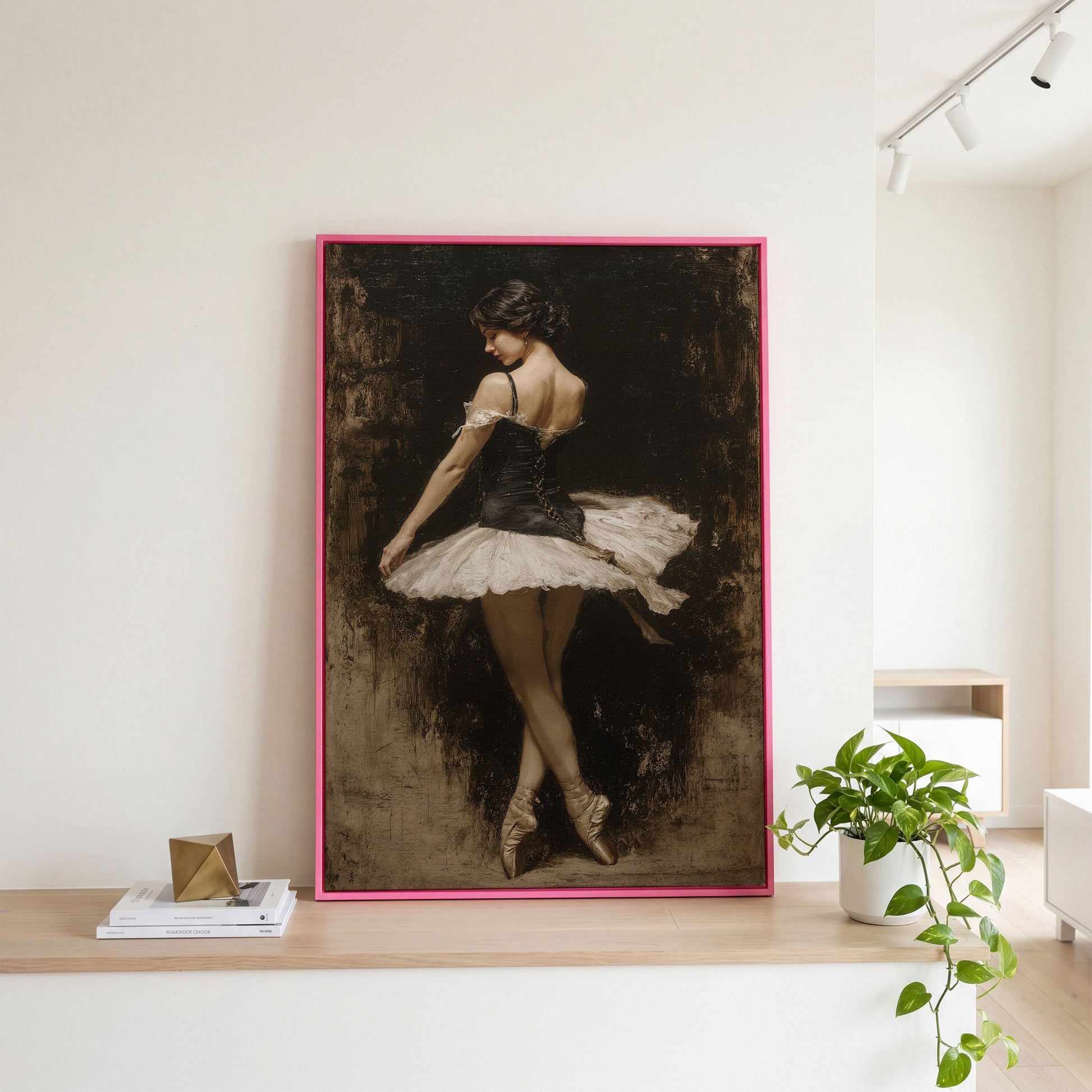 Ballerina in Black and White Tutu, Back View Canvas Art in pink floating frame