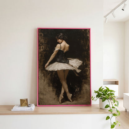 Ballerina in Black and White Tutu, Back View Canvas Art in pink floating frame