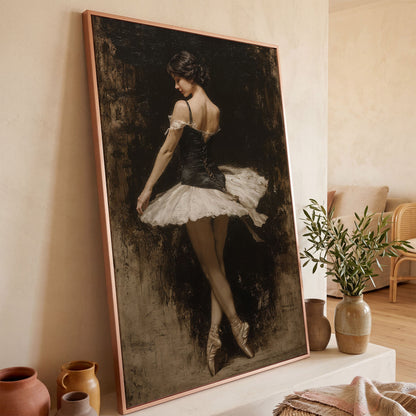 Ballerina in Black and White Tutu, Back View Canvas Art in rose gold floating frame