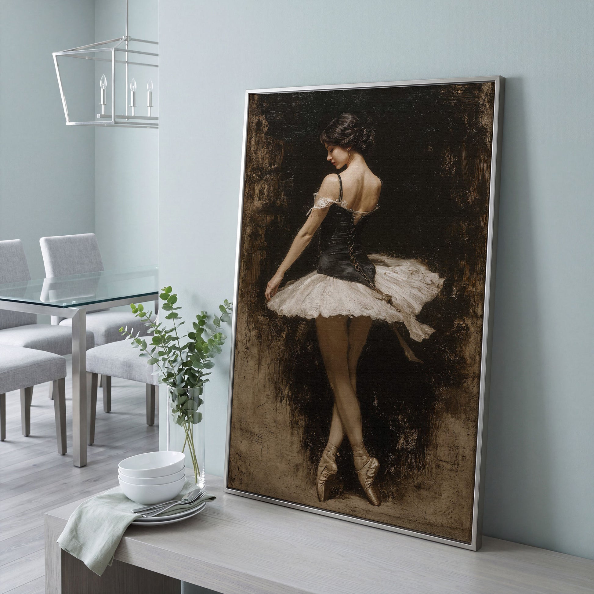 Ballerina in Black and White Tutu, Back View Canvas Art in silver floating frame