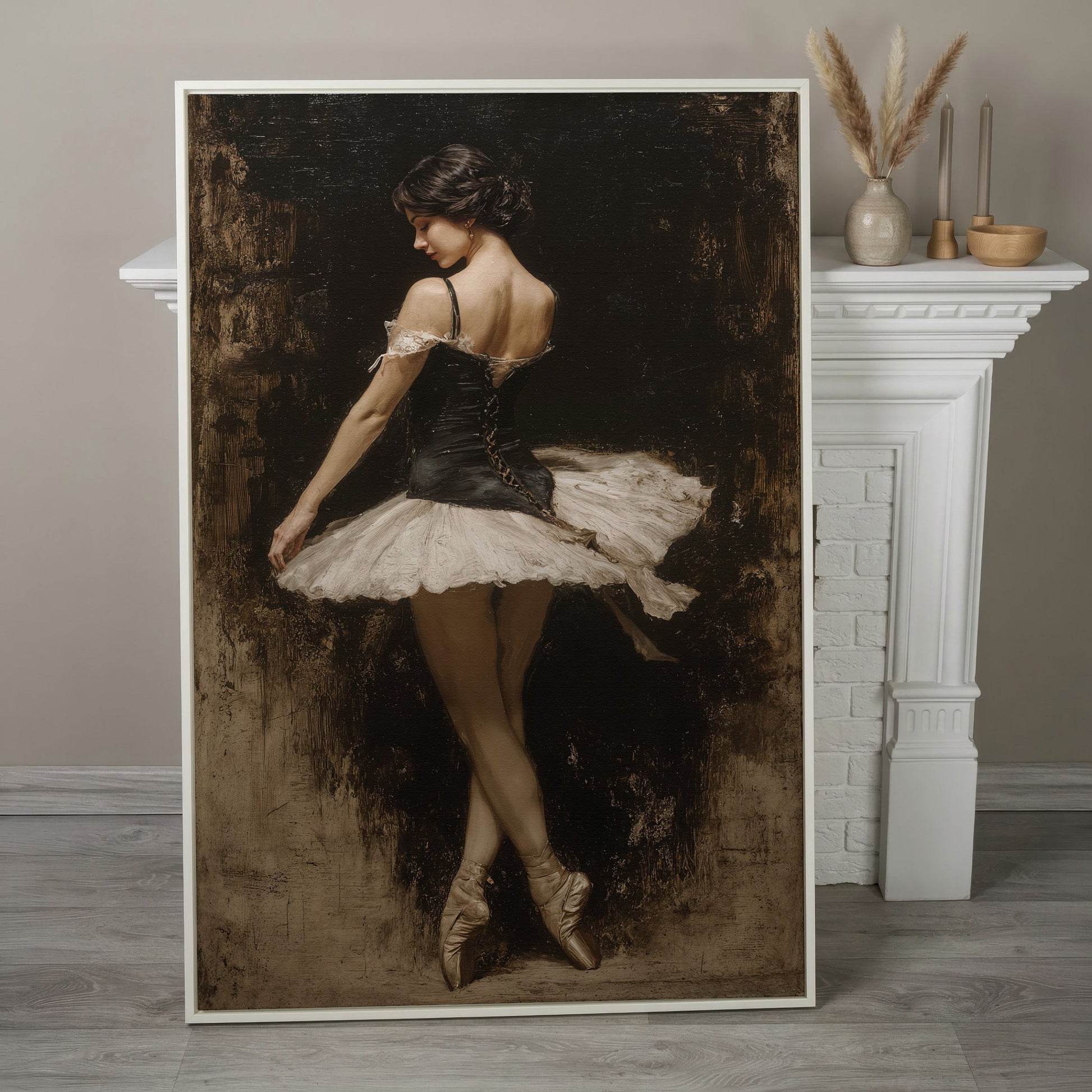 Ballerina in Black and White Tutu, Back View Canvas Art in white floating frame