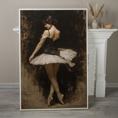 Ballerina in Black and White Tutu, Back View Canvas Art in white floating frame