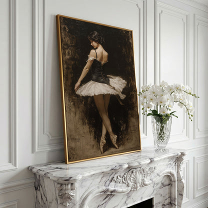 Ballerina in Black and White Tutu, Back View Canvas Art in yellow gold floating frame