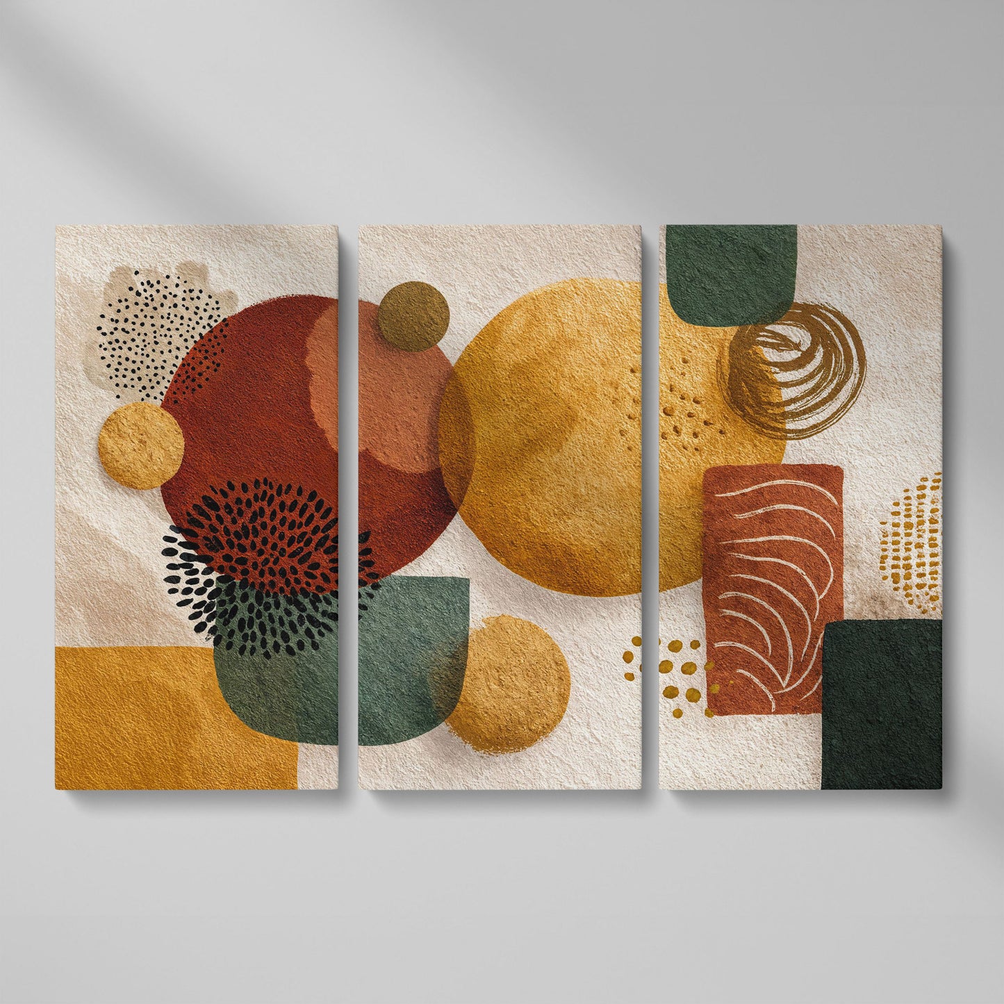 Abstract Geometric Shapes Canvas Wall Art, Earth Tones as 3-panel split version