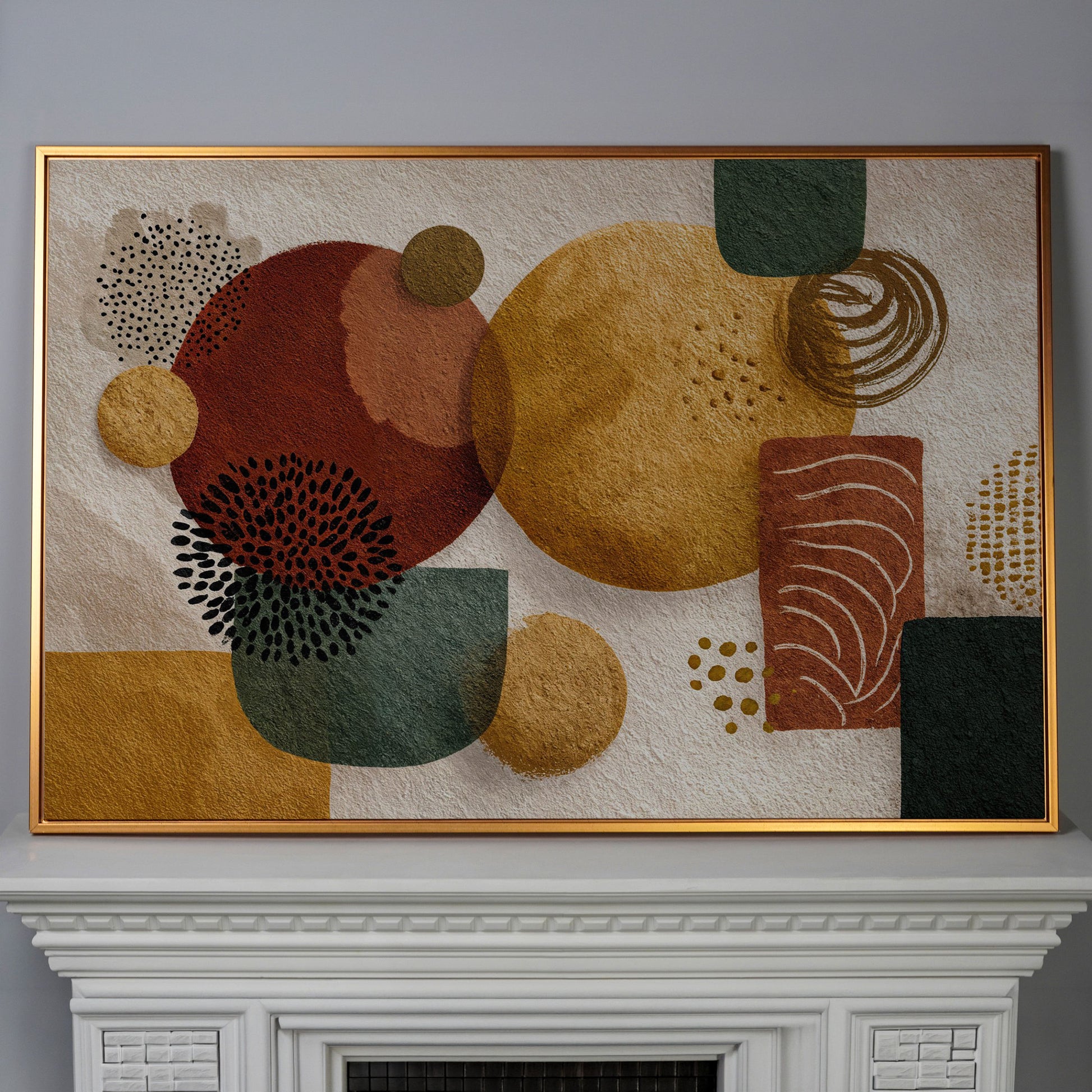 Abstract Geometric Shapes Canvas Wall Art, Earth Tones in antique gold floating frame