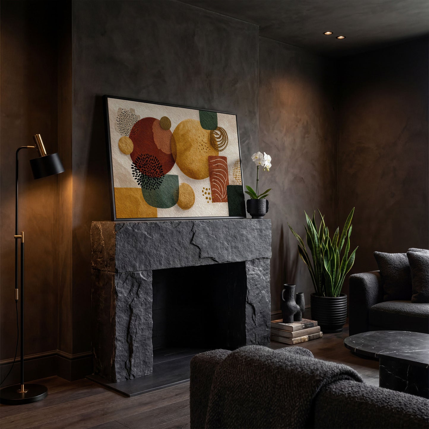 Abstract Geometric Shapes Canvas Wall Art, Earth Tones in black floating frame