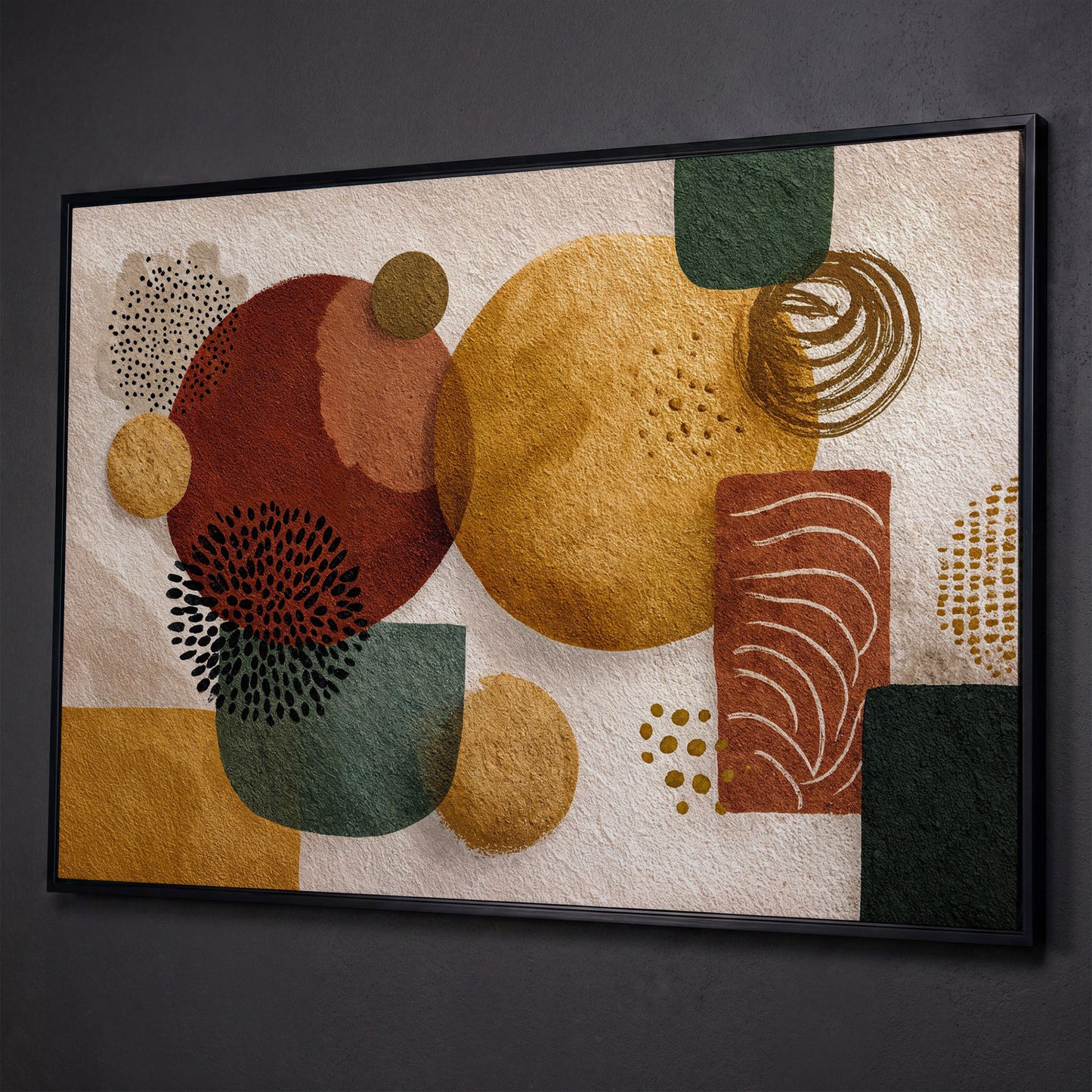 Abstract Geometric Shapes Canvas Wall Art, Earth Tones shown in black floating frame