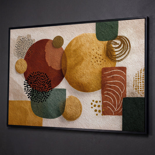 Abstract Geometric Shapes Canvas Wall Art, Earth Tones shown in black floating frame