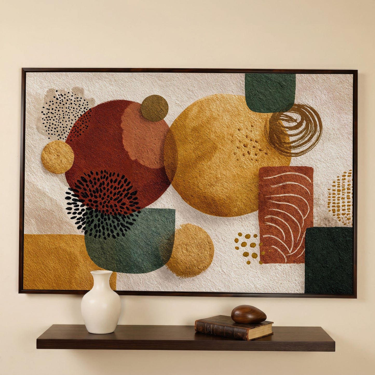 Abstract Geometric Shapes Canvas Wall Art, Earth Tones in dark walnut floating frame