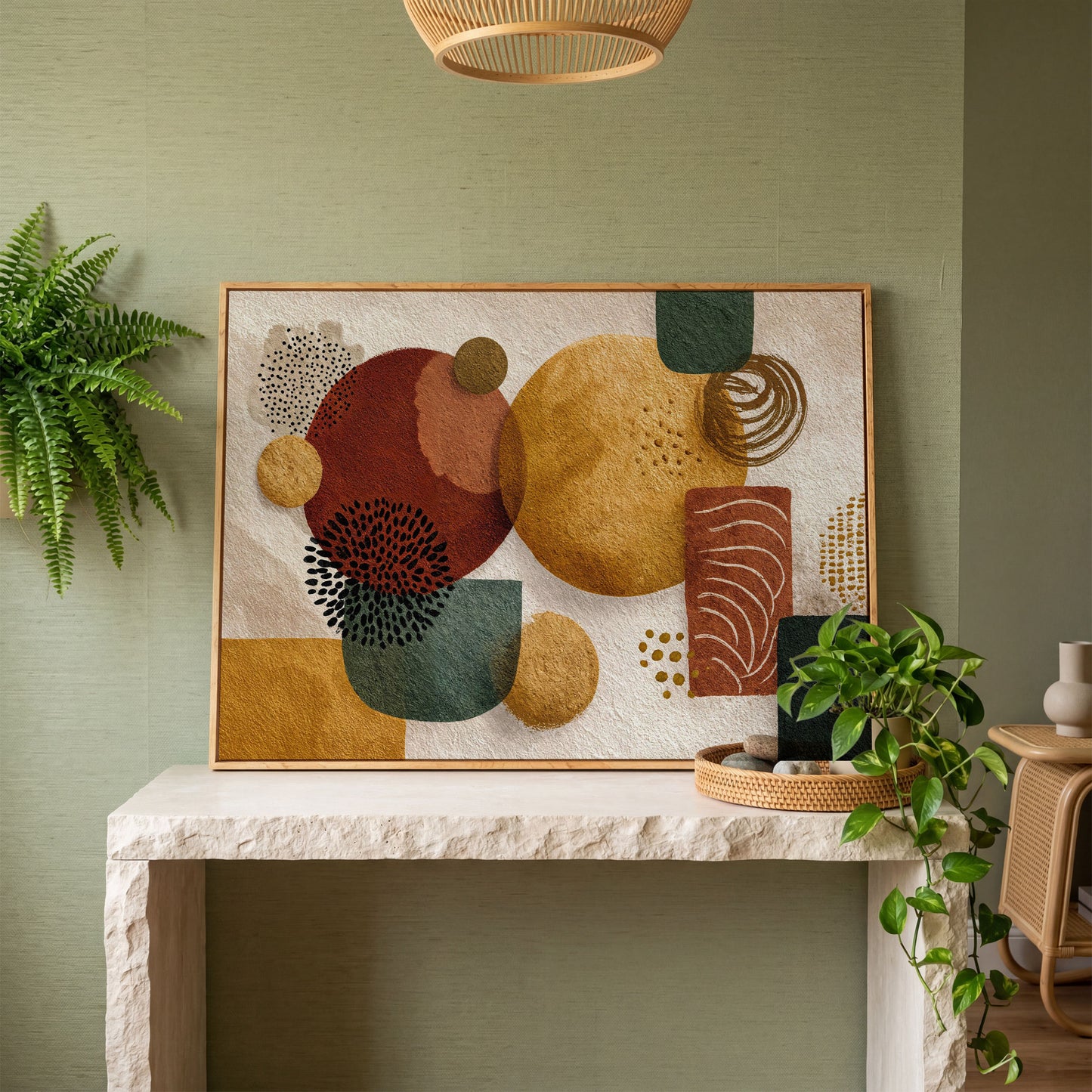 Abstract Geometric Shapes Canvas Wall Art, Earth Tones in white oak floating frame